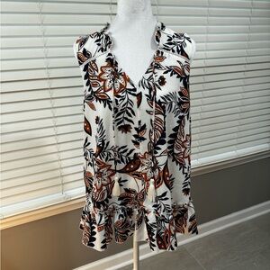 🌻Floral Sleeveless Ruffle Top - Blue, White and Orange Size Medium 🌻